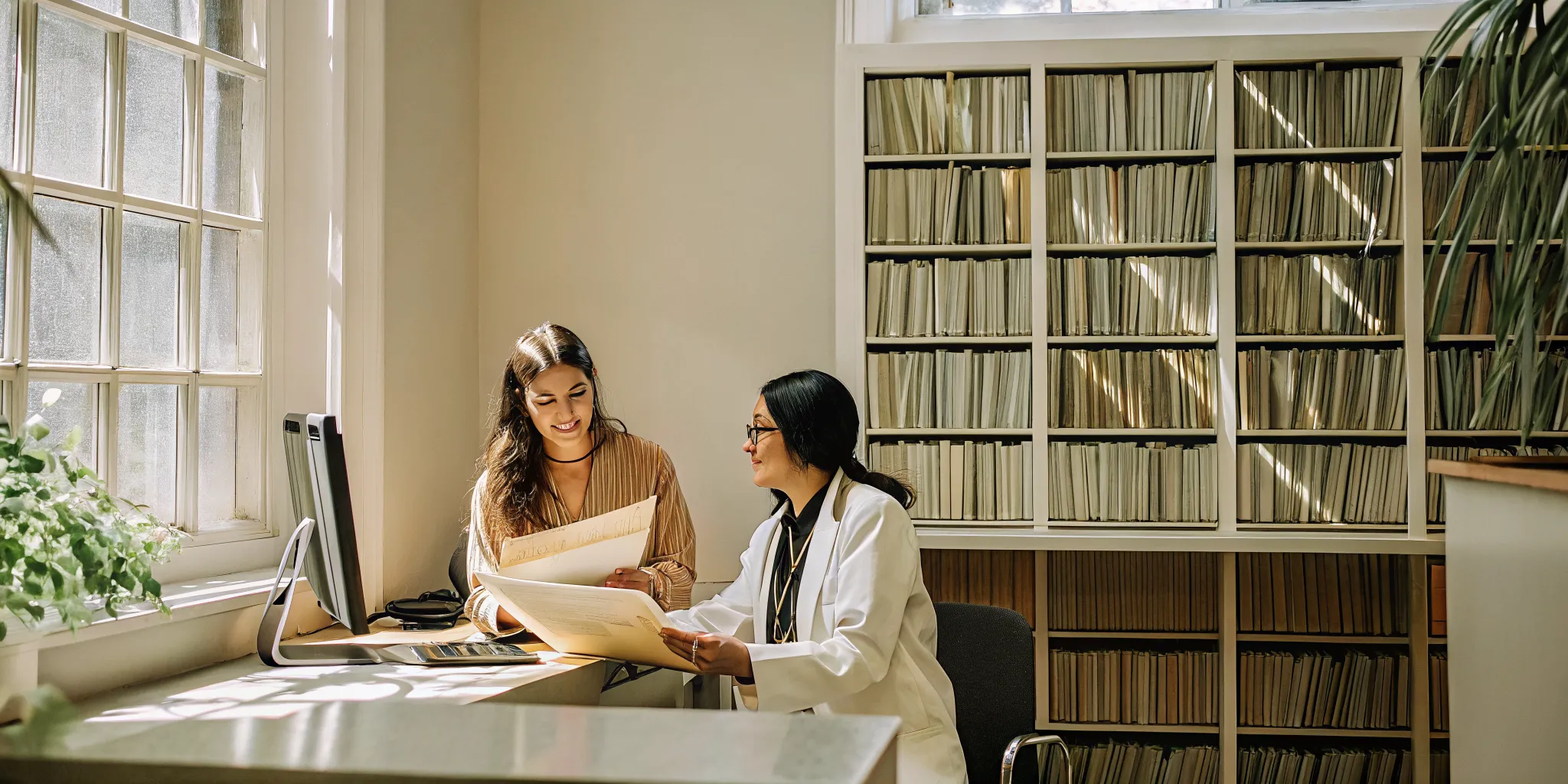 Washington HR professional reviewing health plan documents in a professional office